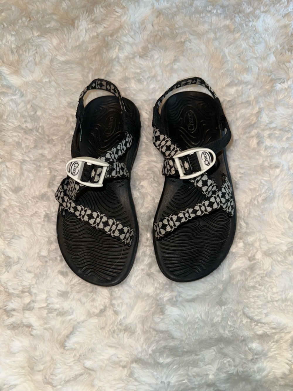 Chaco Women's Black Sandals with White Patterned Straps